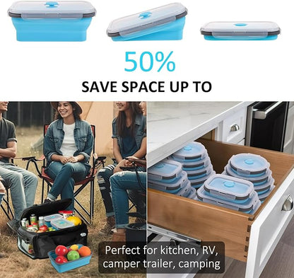 Collapsible Food Storage Containers with Lid & Air Vent, 16 Pack, 8 Rectangular + 8 Round, Foldable Silicone Lunch Containers Collapsible Bowls Set, Microwave Freezer Dishwasher Safe, Blue