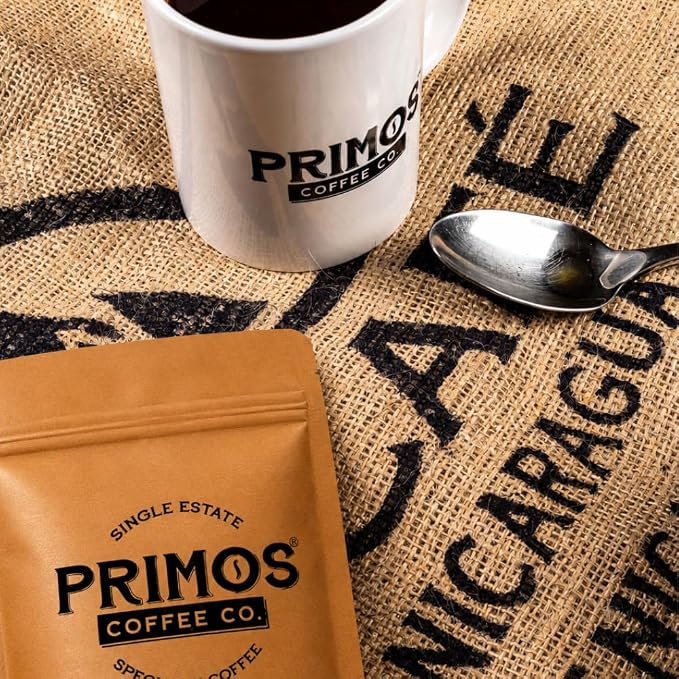 Primos French Press Coffee, Smooth Arabica, Dark Roast, Coarse Grind | Coarsely ground for balance without bitterness; bold low acid flavor, fruit & cacao notes; from our Nicaraguan family farm