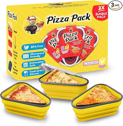 PIZZA PACK The Perfect Reusable Pizza Storage Container with 5 Microwavable Serving Trays - BPA-Free Adjustable Pizza Slice Container to Organize & Save Space, 3 Pack, Yellow