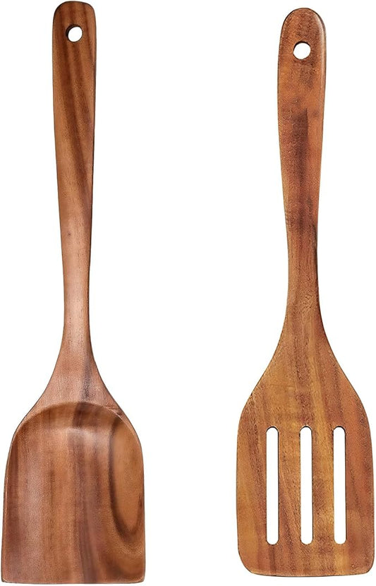 TTVOVO Wooden Spoons for Cooking, 10 Pcs Wooden Cooking Utensils Set – Wooden Utensil Set for Nonstick Pans & Cookware 2Pcs