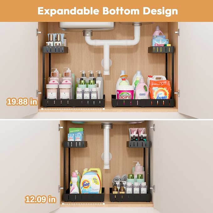 REALINN Under Sink Organizer, 2 Tier Expandable Under Cabinet Organizer, Heights Adjustable Pull Out Storage for Kitchen Bathroom Laundry, Black, 2 Pack