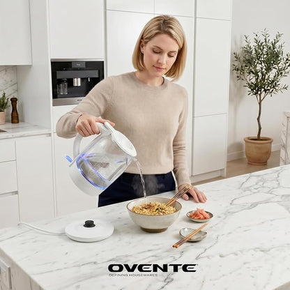 OVENTE Electric Kettle with 1.5L Borosilicate Glass, 1500W Fast Boiling Water Heater for Coffee or Tea, Easy to Fill Lid, Auto Shut-Off, Boil-Dry Protection & Stainless Steel Filter, White KG516W