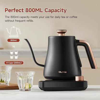OLEGA Gooseneck Electric Kettle: 1000W Electric Kettles with Temperature Control 0.8L Stainless Steel Electric Tea Kettle Gooseneck Kettle for Coffee Tea Keep Warm (Black)