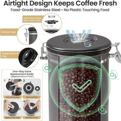 Veken Coffee Canister, 39OZ Large,Airtight Stainless Steel Food Storage Container for 2.2lbs Beans,Ground,Sugar,Espresso,Rice,Tea,Flour,Cereal,Cookie,Lids,Jars,Gifts,Scoop,Kitchen Bar Accessories,Gray