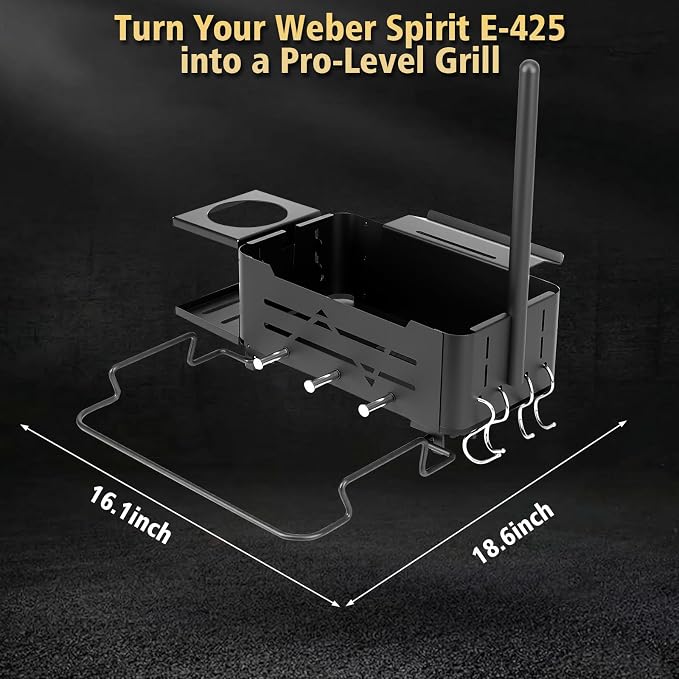 Uniflasy Side Shelf Organizer Compatible with Weber Works Rails, Spirit E-425, Genesis, Performer and Slate Grill Parts Metal Caddy Basket with Paper Towel, Trash Bag, Cup Holder and 4 Hooks