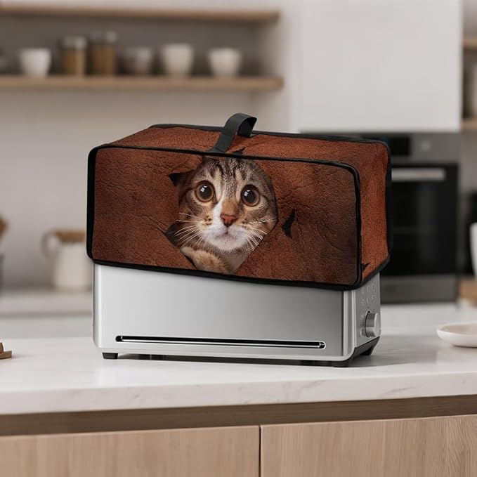Cat Toaster Cover 2 Slice Brown Fabric Toaster Cover 2 Slice Long Slot, Easy to Fold and Store, Heat-Resistant Protective Dust Covers for Kitchen Appliances