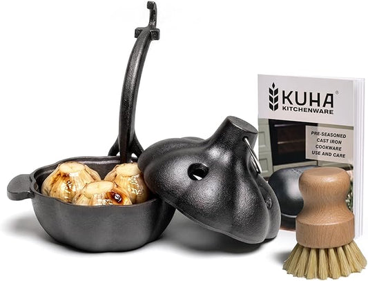 KUHA Cast Iron Garlic Roaster | Pre-Seasoned Small Cast Iron Cooker with Lid & Handle | Cookware for Smoker, Oven & Grill | Roast Garlic & Veggies | Lifter & Cleaning Brush Included | 5.3" Wide