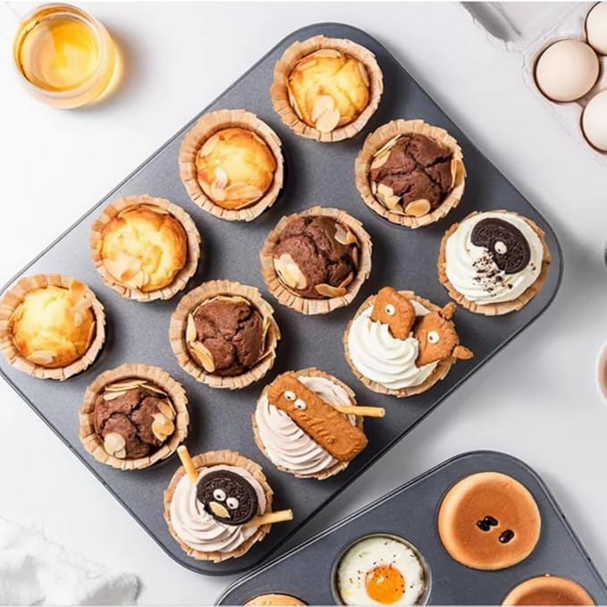 2 Pack Nonstick 12 Cup Muffin Pan, Carbon Steel Cupcake Baking Tray, BPA Free Easy Release Cake Tin, Oven Safe Bakeware for Muffins & Cupcakes,black