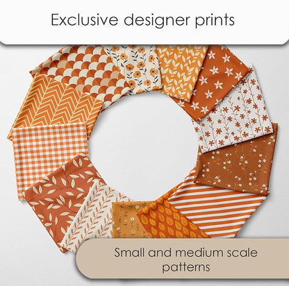 Cotton Satin Patchwork Fabric Panel – 35 Designs, 20×20 cm Squares, Single Piece 150×110 cm, Terracotta Orange Quilt Fabric(Sunset Orange Floral Patchwork Set, 35pcs 8x8 inch)