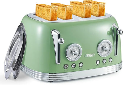 Wiltal 4 Slice Toaster, Retro Green Toaster, Bagel, With Stainless Steel Lid. Reheat, Defrost and Cancel Functions, Countdown Function, 6 Browning Levels, Stainless Steel Material, TR03