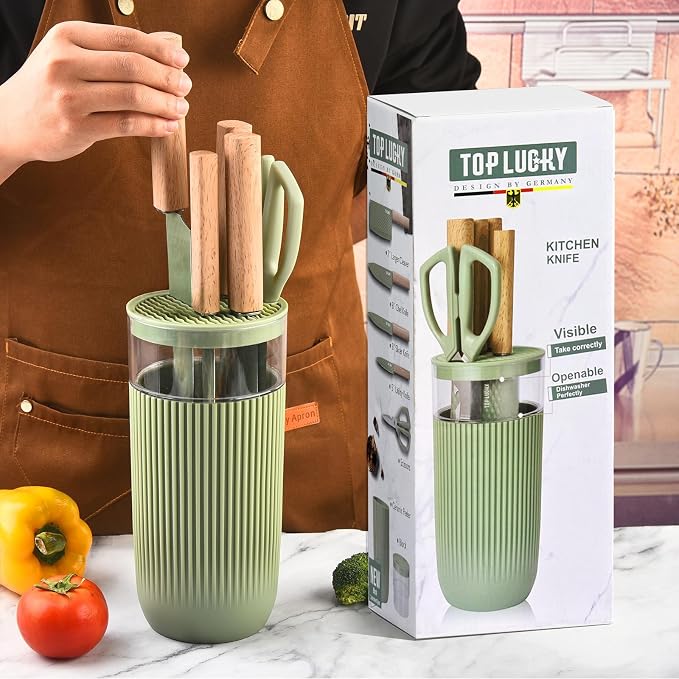 Knife Set, 6-Piece Kitchen Knife Set with Sharp Chef and Meat Knives, Anti-Rust Utility Knives Set for Kitchen, Kitchen Knife Block Set （Green）