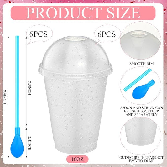 6 Set Slushie Cups with Dome Lids and Straws Detachable Spoon Straws Reusable Plastic Iced Coffee Cups Smoothie Tumbler for Birthdays Summer Party Supplies(Transparent White,16 oz)