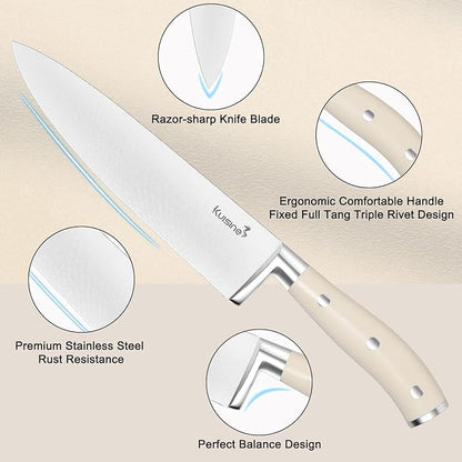 Kuisine Premium Chef Knife Set,High Carbon Stainless Steel Razor-Sharp Blade Ergonomic Handle,Knife Block Set with Built-in Sharpener,Elegant Gift for Holiday(Ivory Pro Acacia,15PCS)