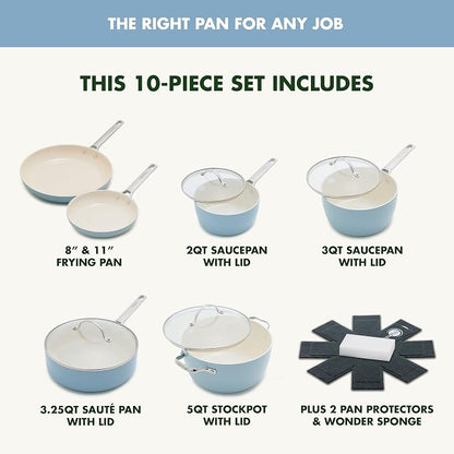 GreenPan Padova Pro 10 Piece Cookware Pots and Pans Set, Hard Anodized Healthy Ceramic Nonstick PFOA and PFAS-Free, Induction Suitable, Stainless Steel Handles, Dishwasher and Oven Safe, Blue Haze