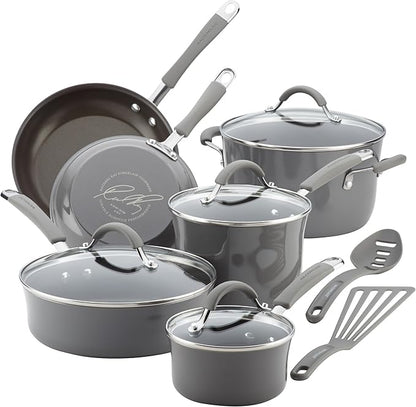 Rachael Ray Cucina Nonstick Cookware, Sea Salt Gray Pots and Pans Set, 12-Piece