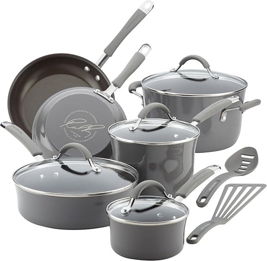 Rachael Ray Cucina Nonstick Cookware, Sea Salt Gray Pots and Pans Set, 12-Piece