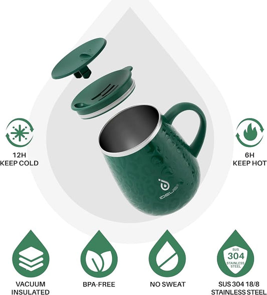 Ideus 16 oz (470 ml) Insulated Coffee Mug with Handle and Lid, Double Wall Stainless Steel Vacuum Thermal Coffee Mug, Travel Coffee Cup Thermal Cup for Home and Office, Leopard Green