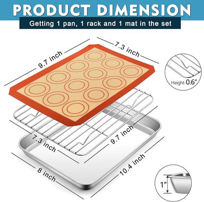 P&P CHEF 10.4 Inch Baking Oven Sheet Pan with Rack & Mat for Cookie, Stainless Steel Oven Sheet Tray Cooling Rack and Silicone Mat for Baking & Roasting, Dishwasher Safe & Healthy, 3Pcs