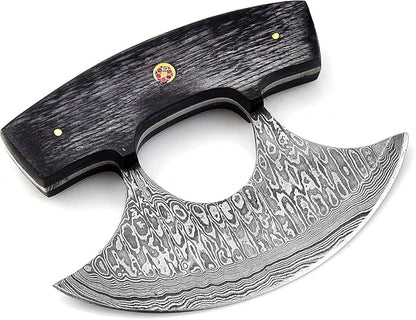 Black Handle Handmade Damascus Steel Ulu Knife - Alaskan Damascus Ulu Knife With Sheath - Damascus Alaska Knives For Men and Women - Skinning, Chopping,Rocking, Mincing, Slicing Meat & Herb