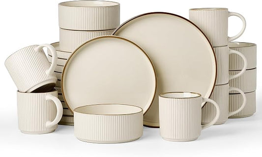 Famiware Star 24-Piece Stoneware Dinnerware Sets with Trim, Service for 6 - Ceramic Mugs, Plates, Bowls, Dishes for Everyday/Party/Formal Use, Chip/Scratch Resistant, Microwave/Dishwasher Safe, Cream