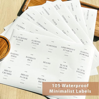 Set of 6 Glass Pantry Jars with Acacia Wood Lids, 32oz Airtight Pantry Storage Containers with 105 Labels, Glass Kitchen Canisters for Coffee, Tea, Sugar, Pasta