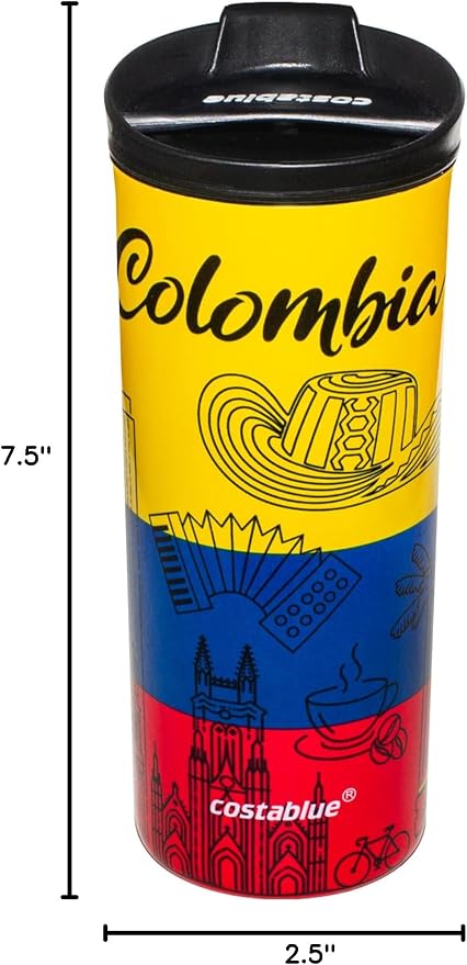 Colombia Vacuum Insulated Stainless Steel Thermal Travel Mug, 16 oz, Easy Clean, Flip leak Proof Lid Colombian Flag with Icons from Colombia…