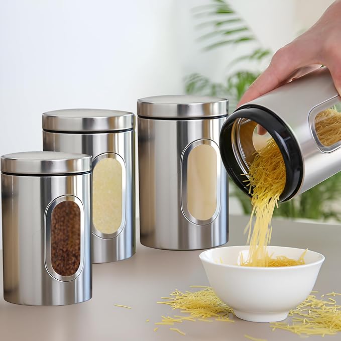 Zopeal 6 Pack Original Canisters Sets for Kitchen 50oz Stainless Steel Kitchen Canisters with Transparent Windows Flour Sugar Container Metal Jar Countertop Set for Coffee Tea Decorative