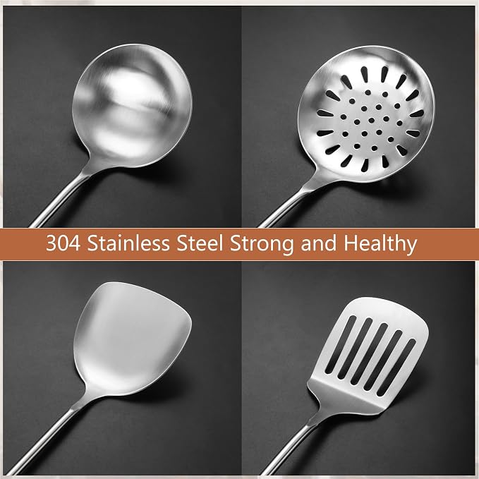 304 Stainless Steel Kitchen Utensils Set, 4 Pcs Long Cooking Utensils Set with Wooden Handle, Large Heat Resistant Kitchen Tools(Dishwasher Safe)