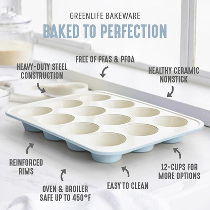 GreenLife 12-Cup Muffin Pan, PFAS-Free Healthy Nonstick Baking Tray, 11.4" x 1.9" x 15.9", Durable Ceramic Bakeware, Cupcakes, Egg Bites, Tarts, Brownies, Blue Haze