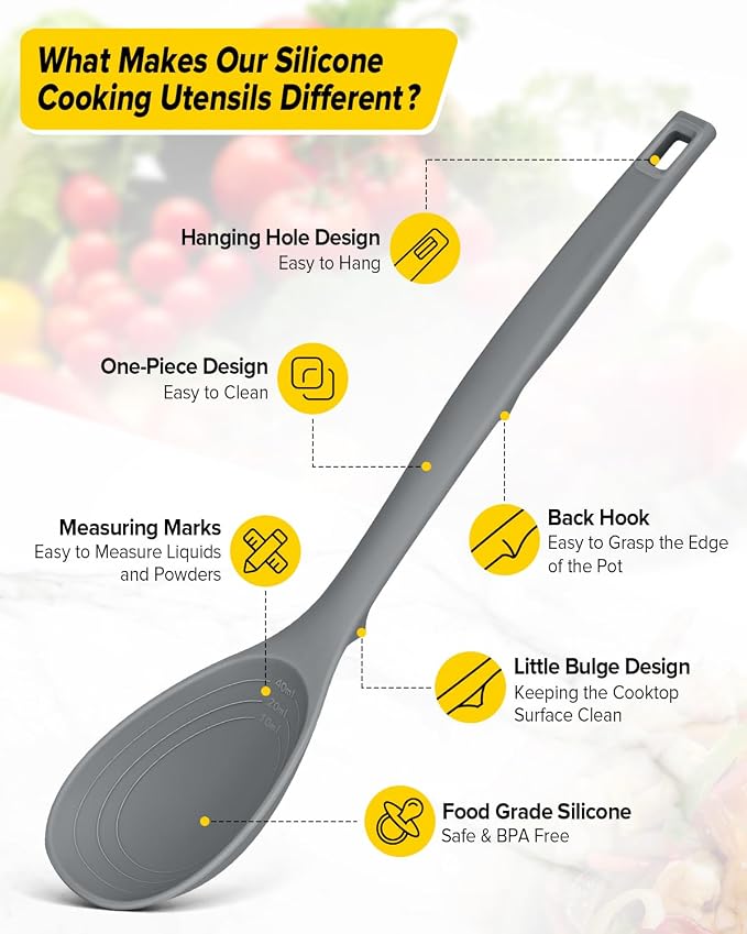Silicone Cooking Utensils Set, 9 Pcs Heat Resistant Kitchen Utensils with Back Hooks, BPA Free Kitchen Tools with Spatulas, Spoons, Skimmer and Pasta Fork for Non Stick Cookware (GRAY)