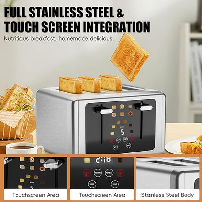 WUNLY Smart Digital 4 Slice Toaster with Touchscreen,Extra Wide 1.5" Slots for Bagel, 6 Bread & Browning Settings, Defrost/Reheat & Sound Control, Stainless Steel