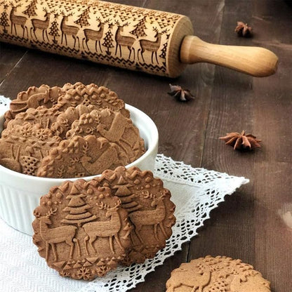Christmas Wooden Rolling Pins, Xmas 3D Reindeer Shape Decor Embossing Rolling Pin,Christmas Patterned Rolling Pin Baking Tools (Christmas Reindeer)