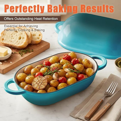 Enameled Cast Iron Sourdough Bread Oven, 2.5 QT Loaf Cast Iron Bread Pan with Lid, Oval Dutch Oven for Homemade Bread Baking, Meatloaf Pan with Lid (Blue-green)