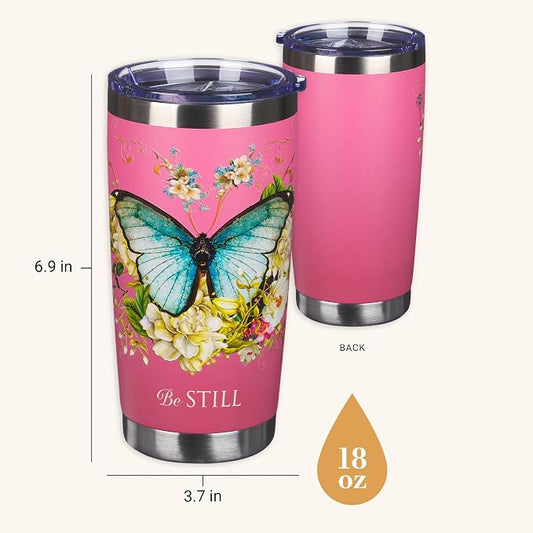 Christian Art Gifts Stainless Steel Double Wall Vacuum Insulated Travel Mug 18 oz Butterfly Pink BPA-free Tumbler with Retractable Lid Inspirational Scripture for Women - Be Still -Psalm 46:10