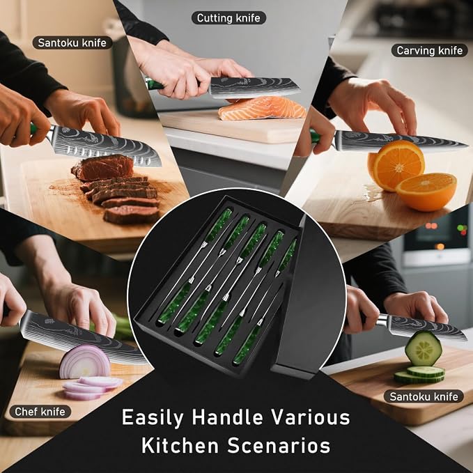 10-Piece Premium Japanese Kitchen Knife Set - Star Collection, Laser Damascus Pattern, 440A Stainless Steel Ultra Sharp for Fast Cutting (Green)