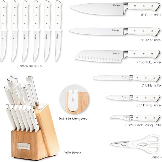 Knife Set, 15 Pcs Kitchen Knife Block Set, Enduring Ultra Sharp High Carbon German Stainless Steel Chef Knives Set with Built-In Sharpener, Full Tang Ergonomic Handle, White