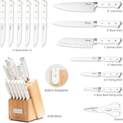 Knife Set, 15 Pcs Kitchen Knife Block Set, Enduring Ultra Sharp High Carbon German Stainless Steel Chef Knives Set with Built-In Sharpener, Full Tang Ergonomic Handle, White