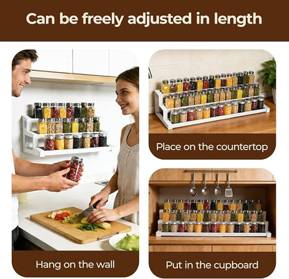 3-Tier Spice Rack Organizer for Kitchen Cabinet or Pantry, 16"-29" Expandable Spice Organization Shelf, Seasoning Organizer, Metal Display Shelf, Slip-Resistant Design for Jars and Bottles, White