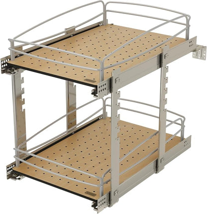 Rev-A-Shelf 2 Tier Pull Out Kitchen Cabinet Storage Organizer with Solid Bottom & Undermount Soft-Close Full Extension Slides, Min Opening Width of 14", 54BK-15SC-2-1