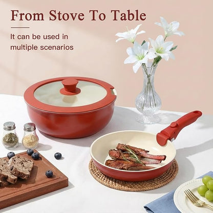 GiPP 5PCS Pots and Pans Set Non Stick, Nonstick Cookware Set Detachable Handle, Ceramic Pots for Cooking Non Stick with Removable Handle, RV Cookware Set for All Stoves, Red Black Gradien