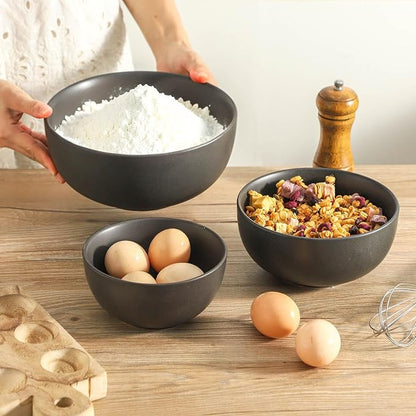 Tikoore Ceramic Mixing Bowls Set，Soup Bowls Set of 3, Stoneware Nesting Bowls for Serving, Baking, Salad,Microwave and Dishwasher Safe,24/40/88 oz, Matte Black