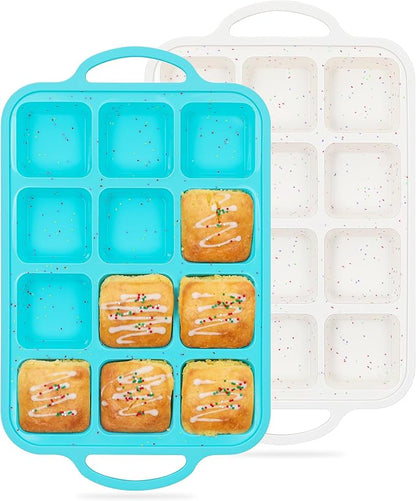 KASHME 2Pcs Silicone Brownie Pans With Dividers, 12-Cavity Non Stick All Edges Mini Brownie Baking Pan With Metal Frame, Square Muffin Pan For Oven, (Aqua、Cream)