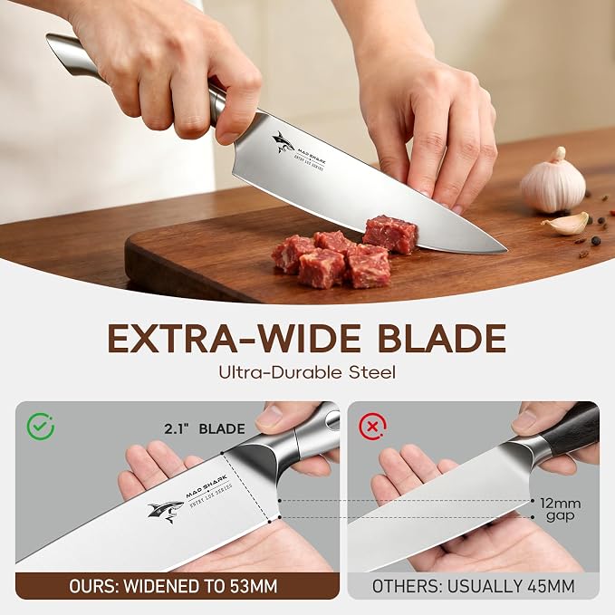 MAD SHARK Knife Sets, 11 Pieces Kitchen Knife Set with Block, High Carbon Stainless Steel Knives with Sharpener Rod, Non Slip Ergonomic Handle, Quality Drawer Organizer, Gift Box Packaging