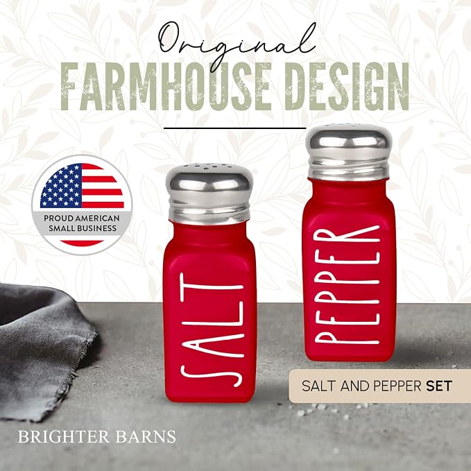 Red Salt and Pepper Shakers Set by Brighter Barns - Modern Farmhouse Kitchen Decor and Accessories for Home Restaurants Weddings - Cute Modern Glass Christmas Shaker Sets & Stainless Steel Lid (Red)