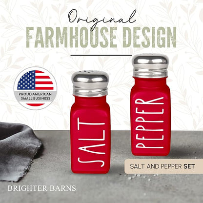 Red Salt and Pepper Shakers Set by Brighter Barns - Modern Farmhouse Kitchen Decor and Accessories for Home Restaurants Weddings - Cute Modern Glass Christmas Shaker Sets & Stainless Steel Lid (Red)