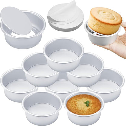 AWTBDP 4 Inch Round Cake Pan Set of 8, Nonstick Aluminum Baking Pans with 100 Sheets Parchment Paper, Easy Pop Out Removable Bottom Cake Pans for Mini Cheesecakes, Dessert, Pizzas and Quiches