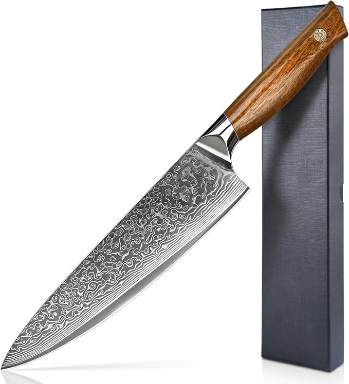 8 Inch Chef Knife – Japanese VG10 Steel Core 67-Layer Damascus, Wood Handle and Premium Gift Box, Full Tang Gyuto Knife, Fathers Day, Unique Gifts for Men & Women