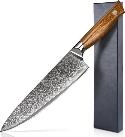 8 Inch Chef Knife – Japanese VG10 Steel Core 67-Layer Damascus, Wood Handle and Premium Gift Box, Full Tang Gyuto Knife, Fathers Day, Unique Gifts for Men & Women