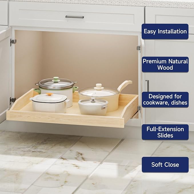Pull Out Cabinet Organizer 31.5" W x 21" D, Soft Close Slide Out Wood Drawer Shelf for Kitchen Cabinets, Pull Out Cabinet Drawer for Base Cabinet, Pantry and Bathroom Storage, Bottom Mount