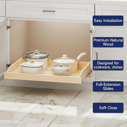 Pull Out Cabinet Organizer 31.5" W x 21" D, Soft Close Slide Out Wood Drawer Shelf for Kitchen Cabinets, Pull Out Cabinet Drawer for Base Cabinet, Pantry and Bathroom Storage, Bottom Mount